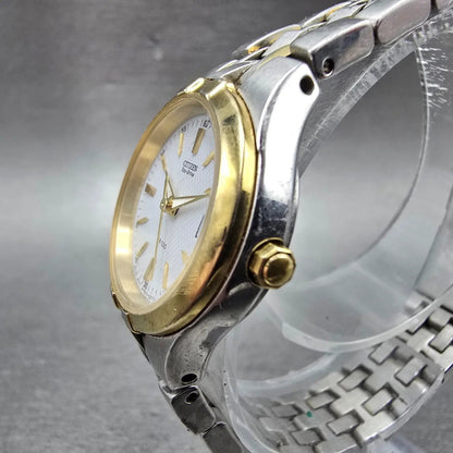 Citizen Eco-Drive Watch Women 26mm White Dial Two Tone Date E011-S049555 Runs HK2