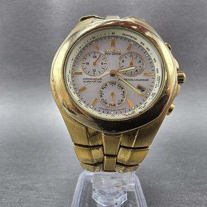 Citizen Eco-Drive Chronograph Watch Men 39mm White Dial Gold Alarm Perpetual Cal5