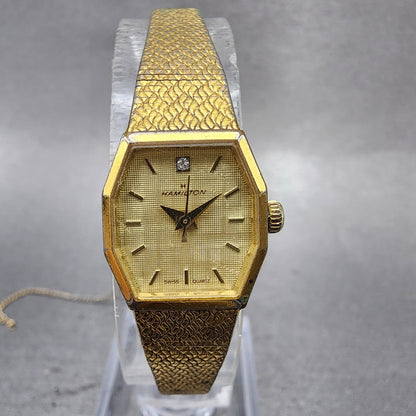 Hamilton Watch Women 26mm Gold Dial Gold Octagon 9220 New Battery Vintage0