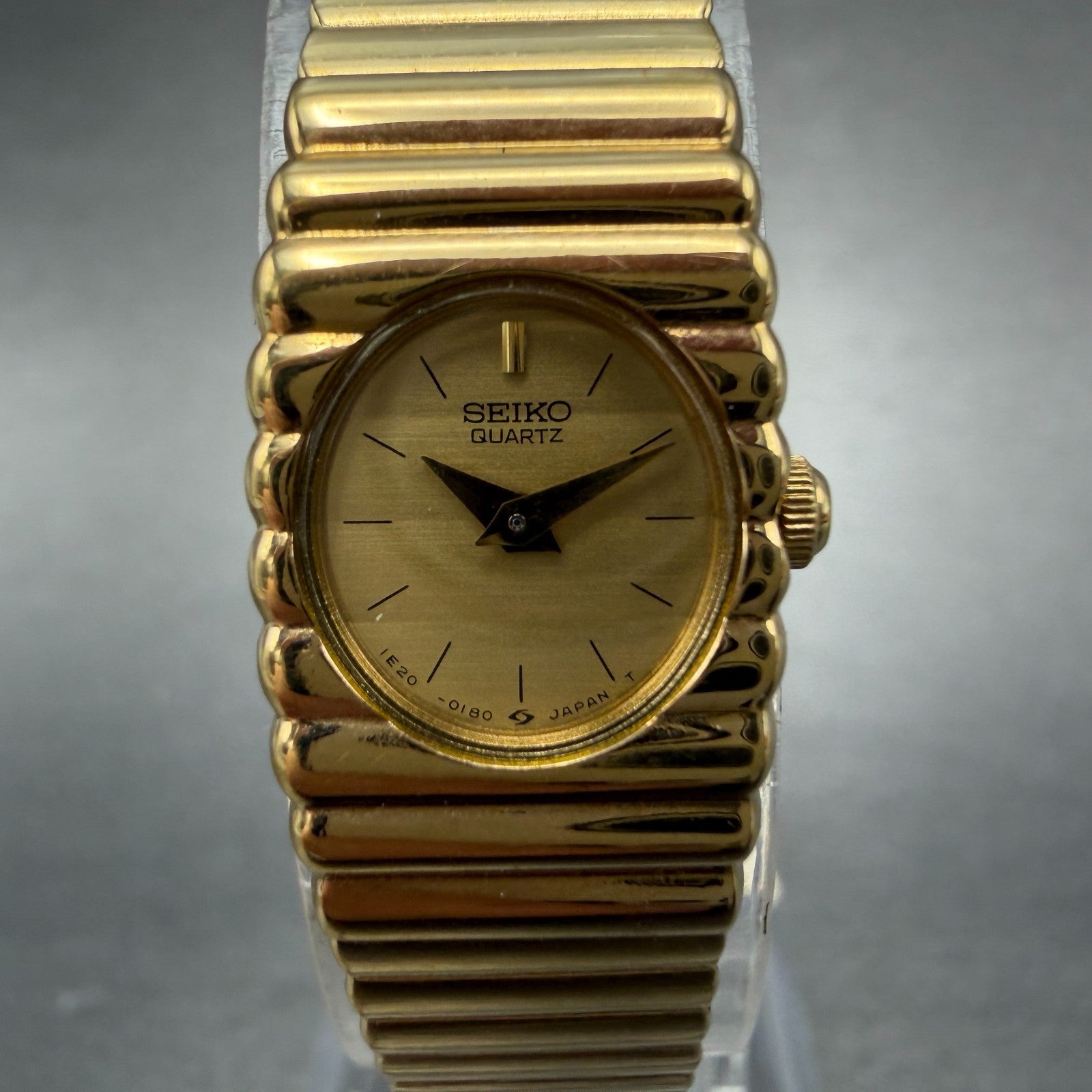 Seiko Watch Women 14mm Gold Dial Gold Tone Rectangle 1E20-5099 New Battery NOS1