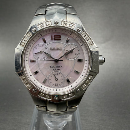 Seiko Coutura Watch Women 31mm MOP Dial Silver Tone Daydate 5Y85-0AJ0 NewBattery0
