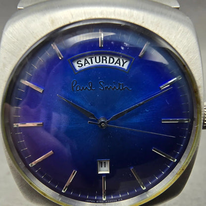 Paul Smith Watch Men 36mm Blue Dial Silver Tone Daydate Round New Battery1