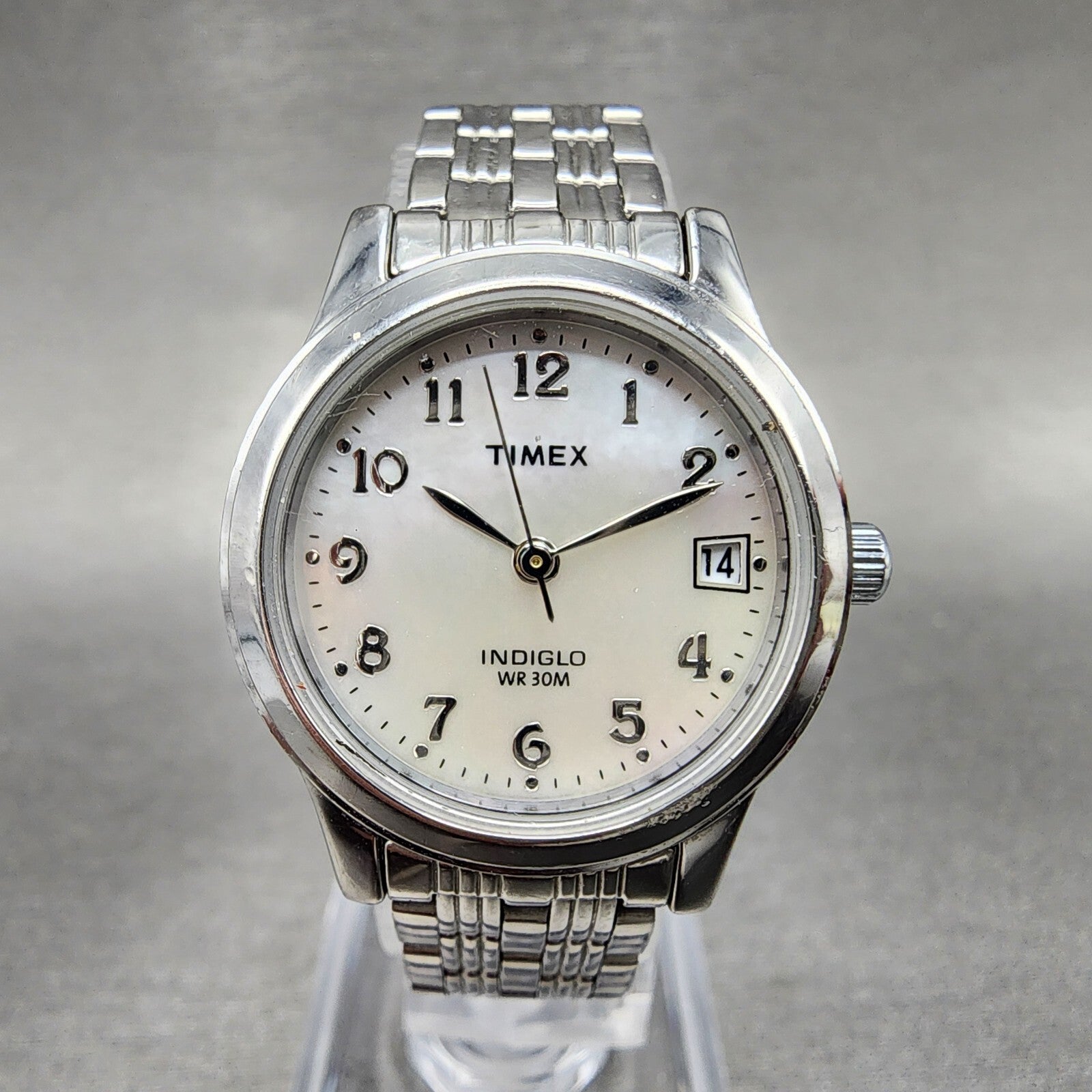 Timex Indiglo Watch Women 25mm MOP Dial Silver Tone Date Round New battery0