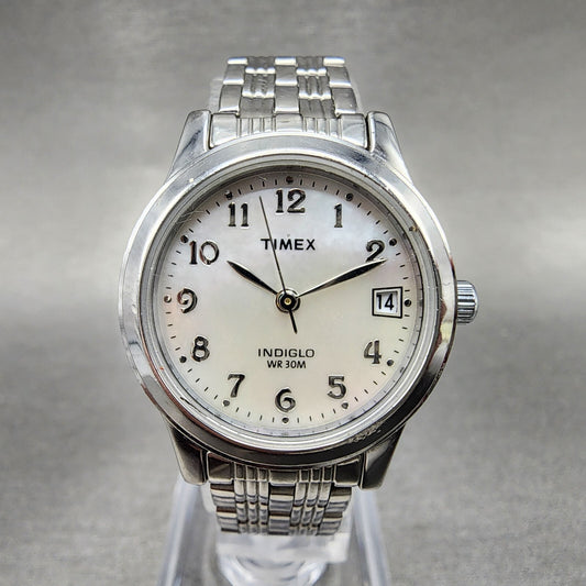 Timex Indiglo Watch Women 25mm MOP Dial Silver Tone Date Round New battery0