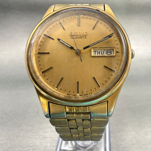 Seiko Watch Men 35mm Gold Dial Gold Tone Daydate Round 7N43-8A39 New Battery VTG5