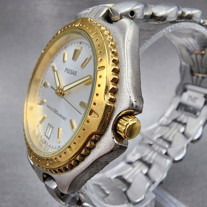 Pulsar Watch Men 37mm White Dial Two Tone Date Round V732-0010 New Battery