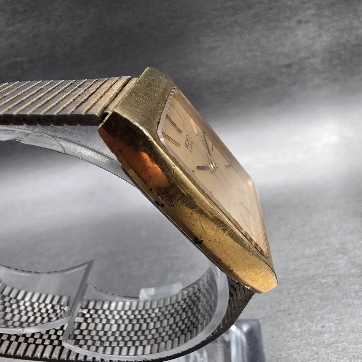 Seiko Watch Men 28mm Gold Dial Gold Tone Rectangle 7810-5059 New Battery VTG3