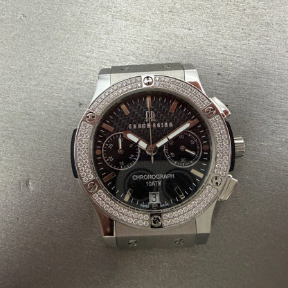 Frank Rosha Chronograph Watch Men 45mm Black Dial Steel Date Gem Bezel New batt0