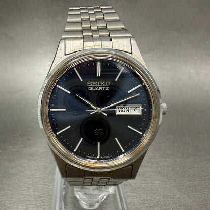 Seiko SQ Watch Men 34mm Blue Dial Silver Tone Daydate Round 5H23-7009 NewBattery0