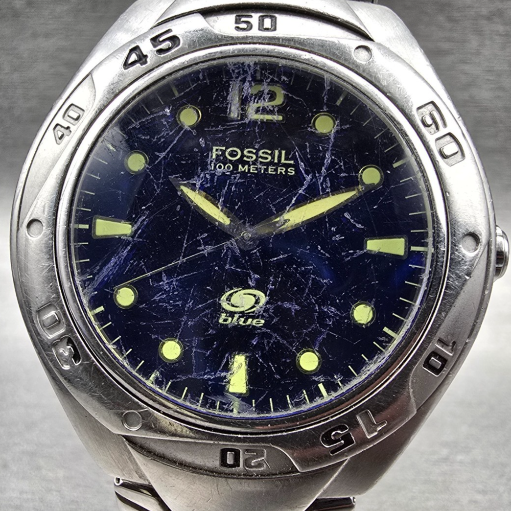 Fossil Blue Diver Watch Men 40mm Blue Dial Silver Tone Round AM-3395 New Battery1