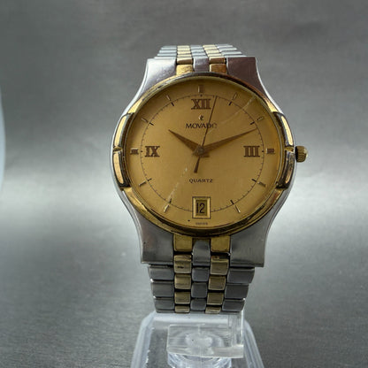 Movado Watch Men 34mm Gold Dial Two Tone Date Round 88-52-867 CRACKED New Batt5