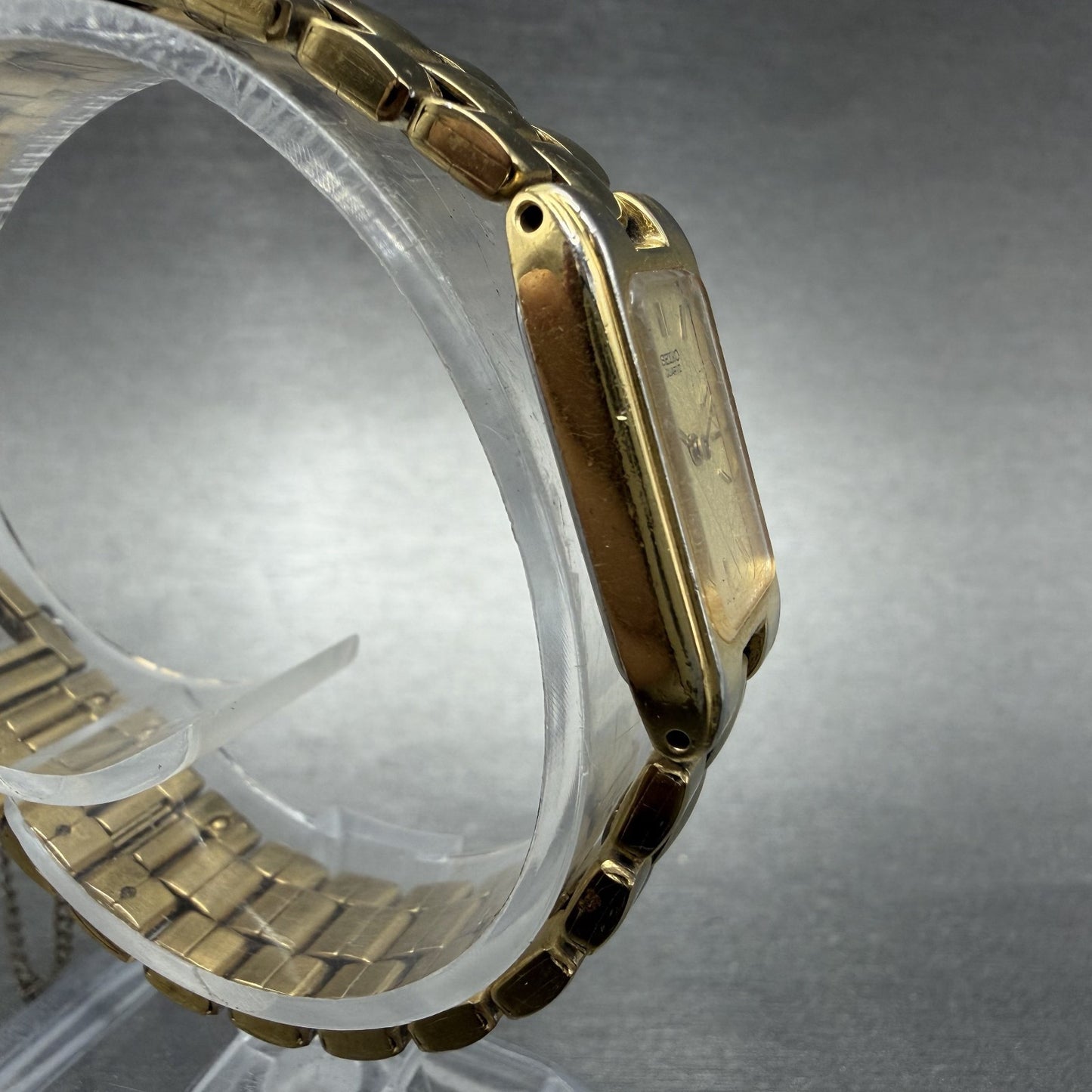 Seiko Tank Watch Women 15mm Champagne Dial Gold Tone Rectangle 1F20-5D99 New Bat3