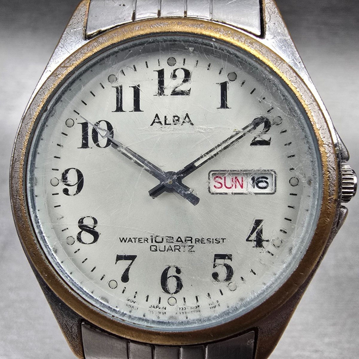 Seiko Alba Watch Men 33mm Silver Dial Silver Daydate Round V733-7A70 New Batt JP1