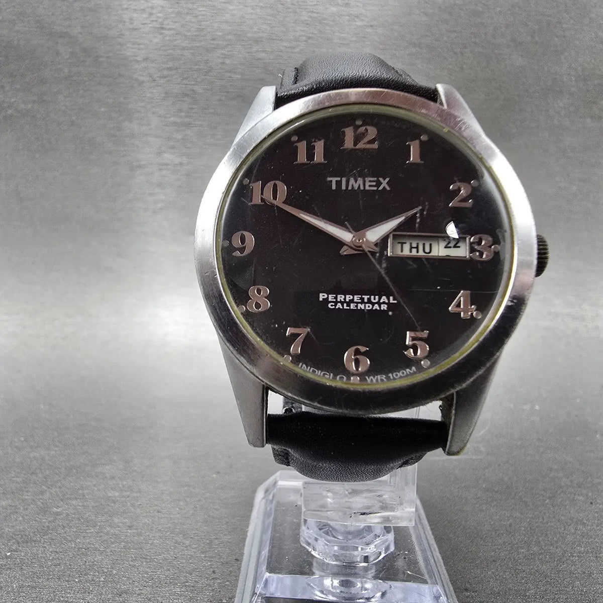 Timex Perpetual Calendar Watch Men 37mm Black Dial Silver Tone Daydate New BattL5