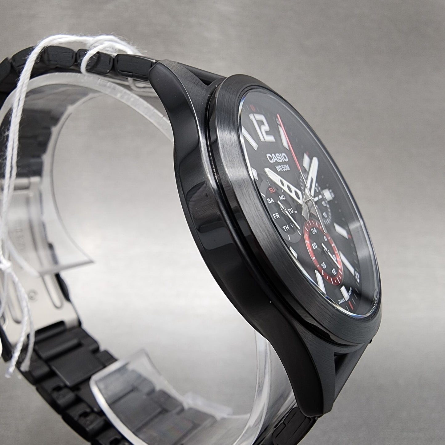 Casio MTP-E350 Watch Men 39mm Black Dial Black Steel Daydate Metal Bracelet
