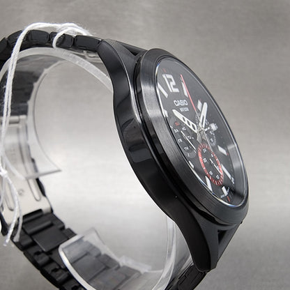 Casio MTP-E350 Watch Men 39mm Black Dial Black Steel Daydate Metal Bracelet