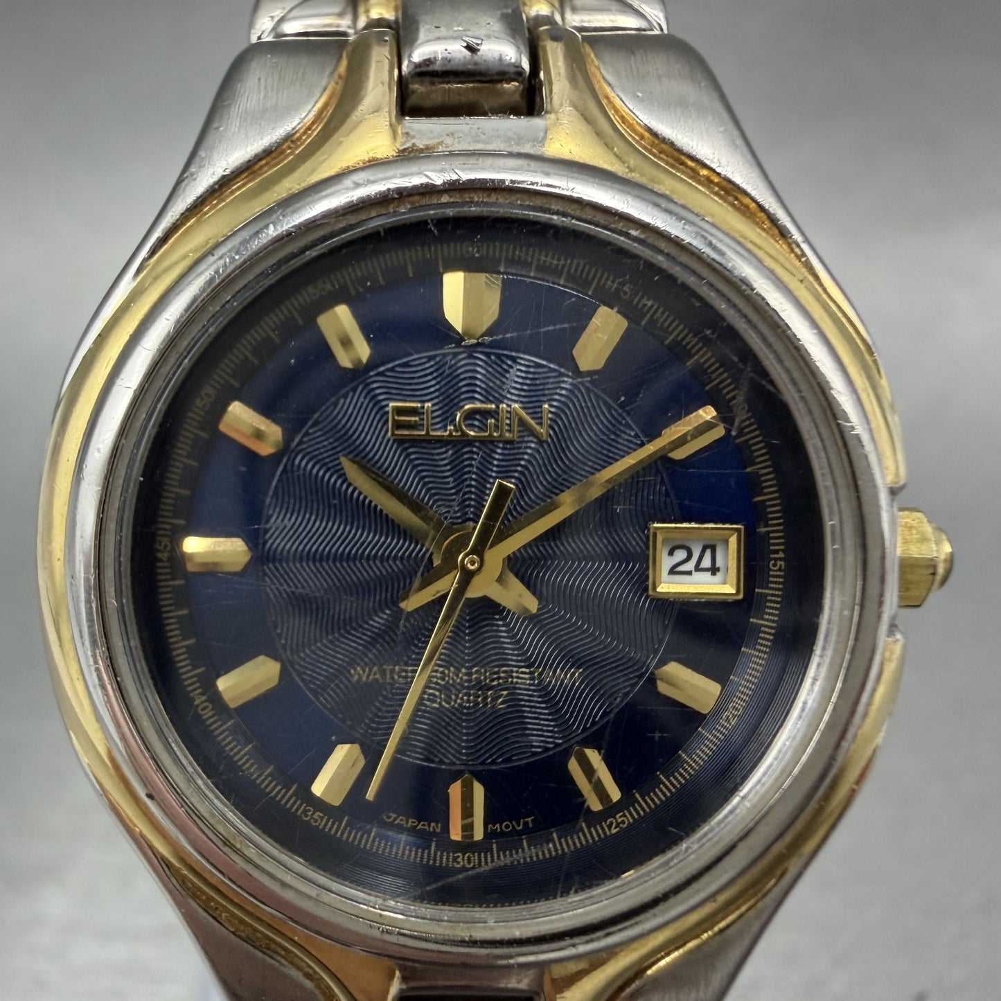Elgin Watch Women 27mm Blue Dial Two Tone Date Round Bracelet New Battery1