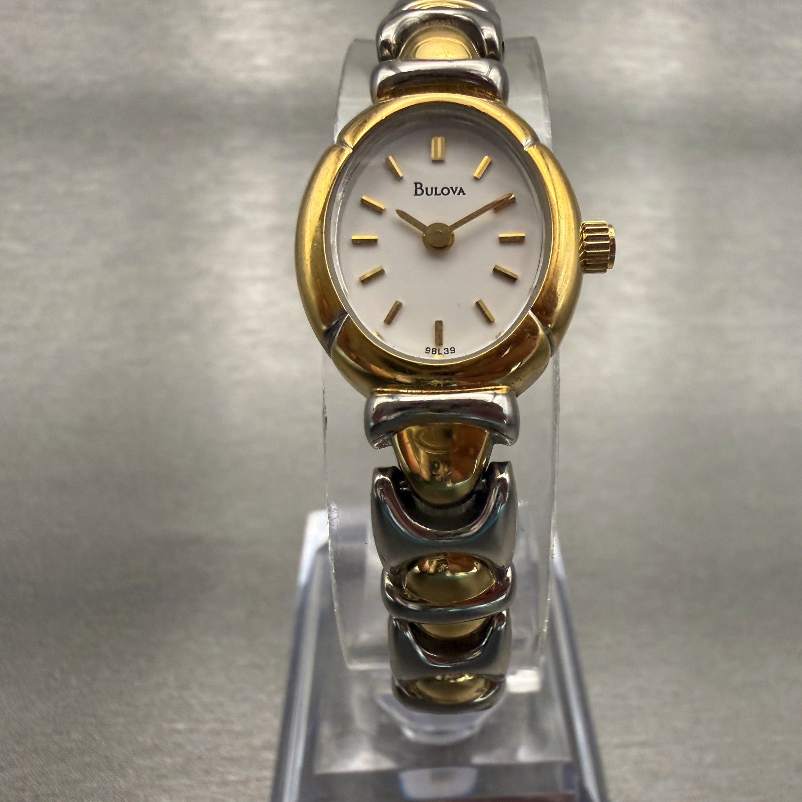 Bulova Watch Women 17mm White Dial Two Tone Oval 98L39 New Battery5