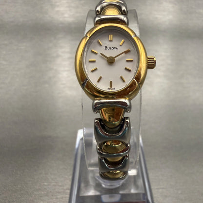 Bulova Watch Women 17mm White Dial Two Tone Oval 98L39 New Battery5