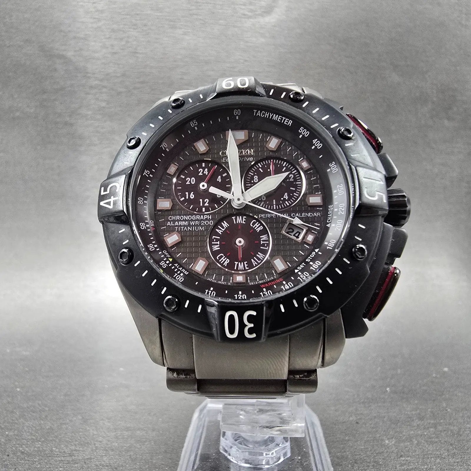 Citizen Eco-Drive Chronograph Watch Men 49mm Black Dial Titanium Date E812 Works5