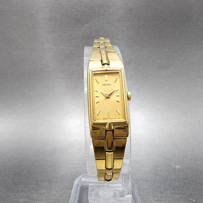 Seiko Watch Women 13mm Gold Dial Gold Tone Rectangle 2E207479 New Battery5