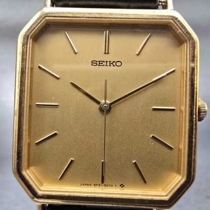 Seiko Watch Men 27mm Gold Dial Gold Tone Rectangle 5P31-5C50 New Battery VTG1