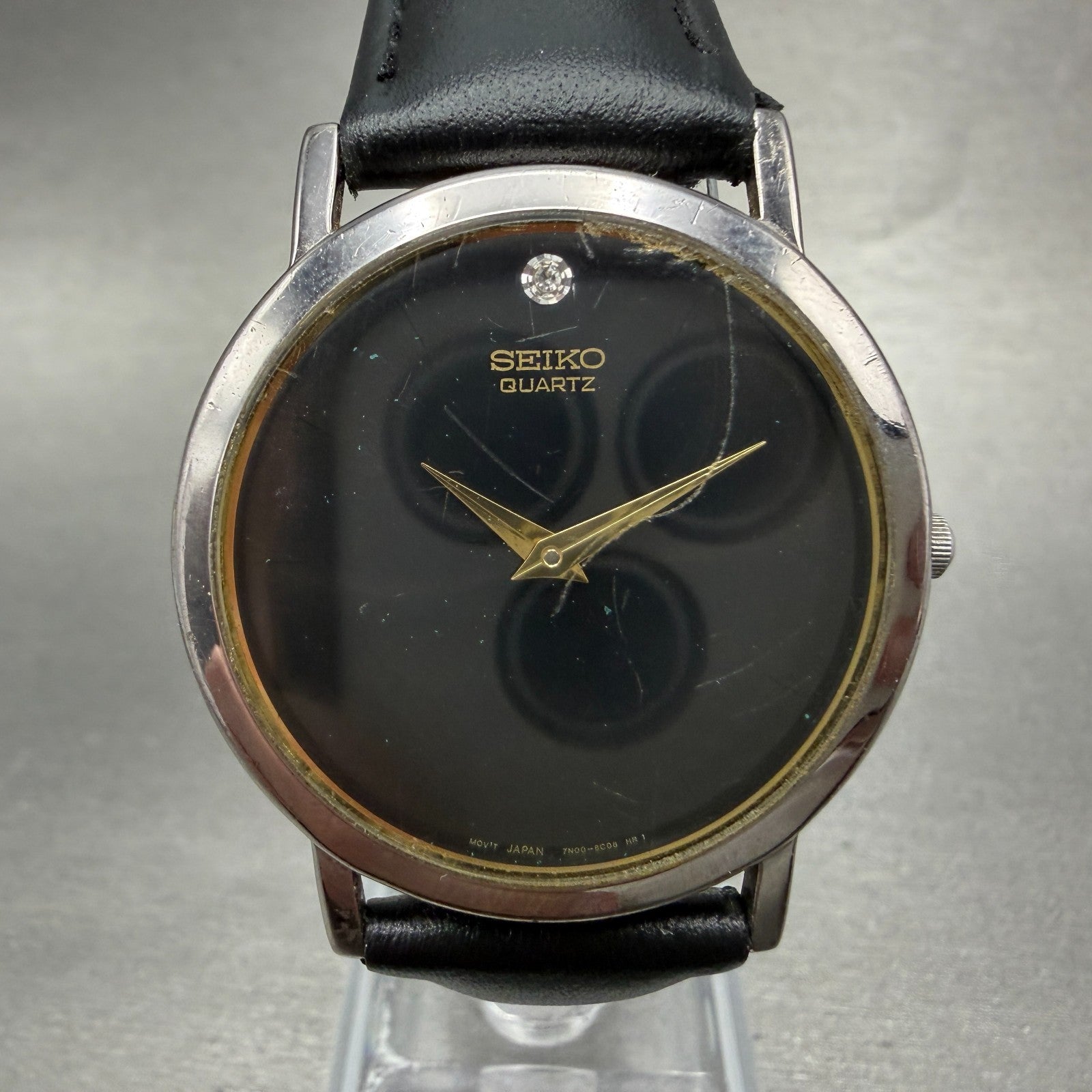 Seiko Watch Men 34mm Black Dial Silver Tone Round 7N00-8A49 Leather New Battery0