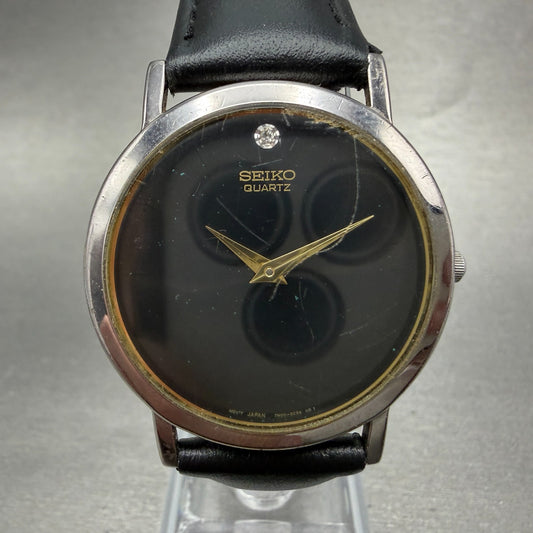 Seiko Watch Men 34mm Black Dial Silver Tone Round 7N00-8A49 Leather New Battery0