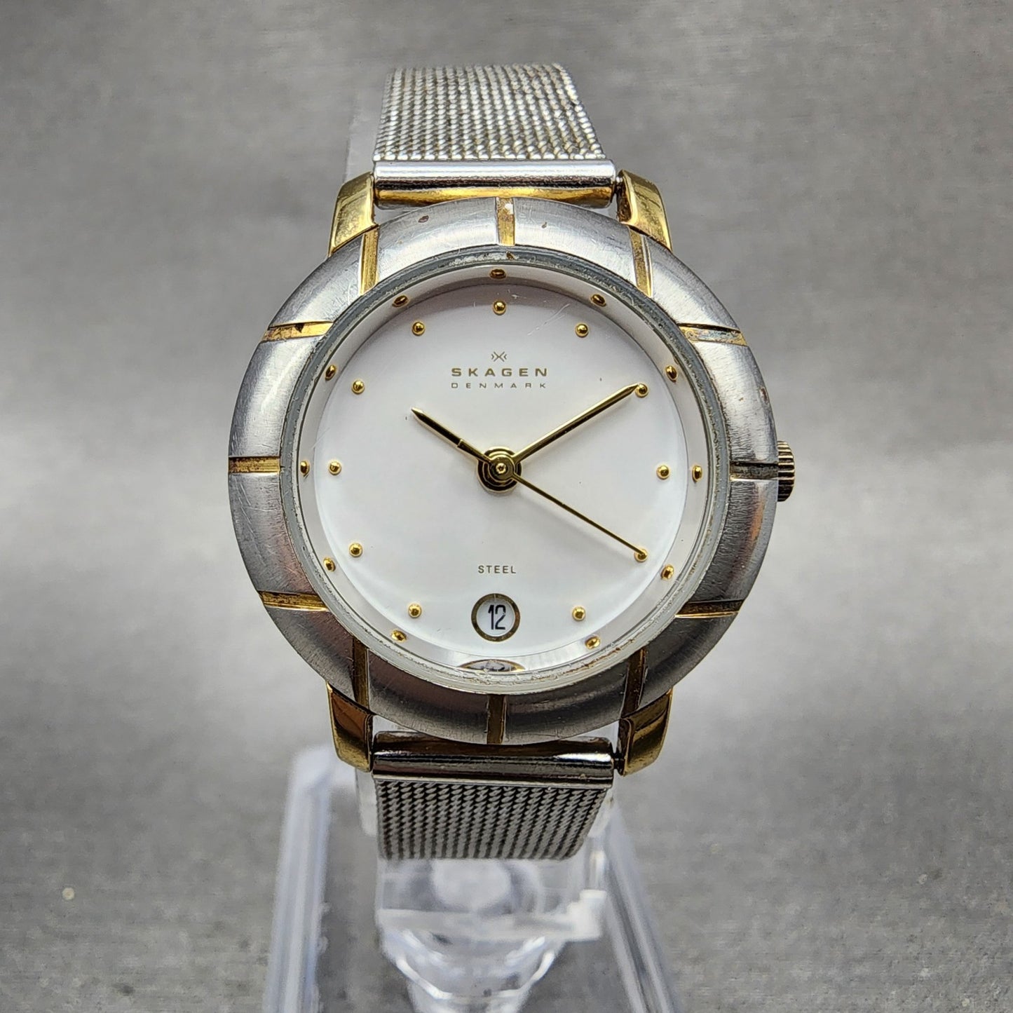 Skagen Watch Women 26mm White Dial Two Tone Round 3SGS Mesh Band New Battery0