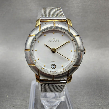 Skagen Watch Women 26mm White Dial Two Tone Round 3SGS Mesh Band New Battery0