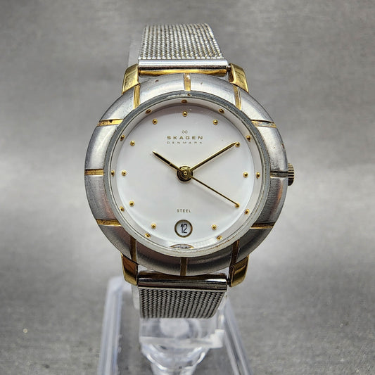 Skagen Watch Women 26mm White Dial Two Tone Round 3SGS Mesh Band New Battery0