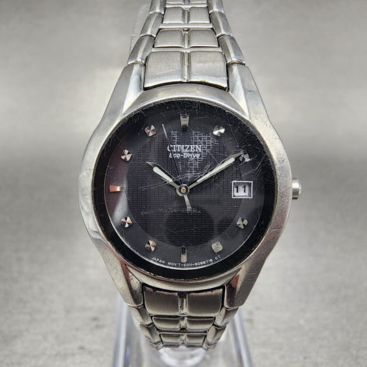 Citizen EcoDrive Watch Women 26mm Black Dial Steel Date Round E011S058503 A230