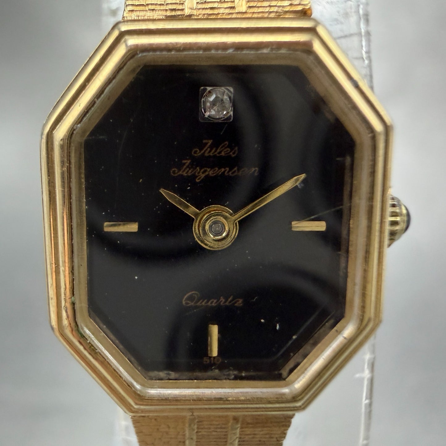 Jules Jurgenson Watch Women 15mm Black Dial Gold Tone Octagon New Battery VTG1