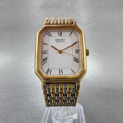 Seiko Tank Watch 26mm Men White Dial Two Tone Date 7n22-5011 New Battery