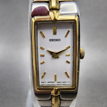 Seiko Tank Watch Women 13mm White Dial two Tone Rectangle 2E200AY0 New Battery1