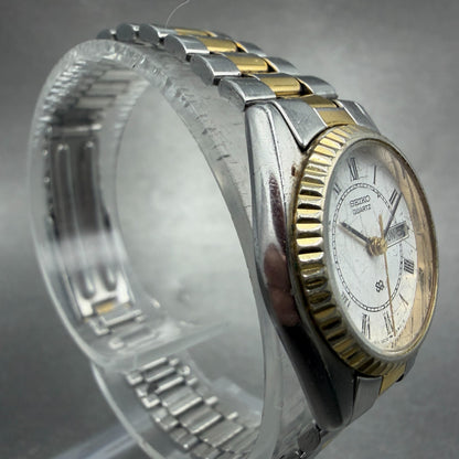 Seiko SQ Watch Women 24mm White Dial Two Tone Daydate Round 3E23-0A60 New Batt3