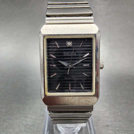 Gruen Tank Watch Women 20mm Black Dial Silver Tone Rectangle 227-2035 New Batt