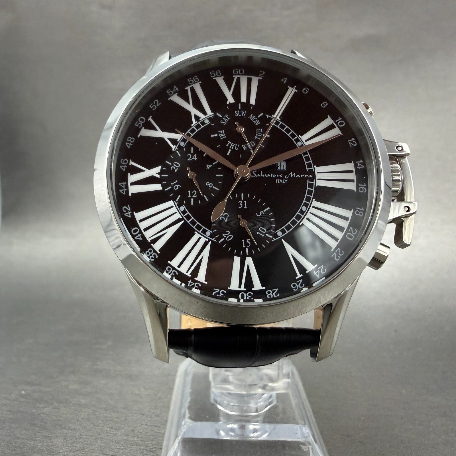 Salvatore Marra Chronograph Watch Men 48mm Black Dial Steel Date Round new batt6
