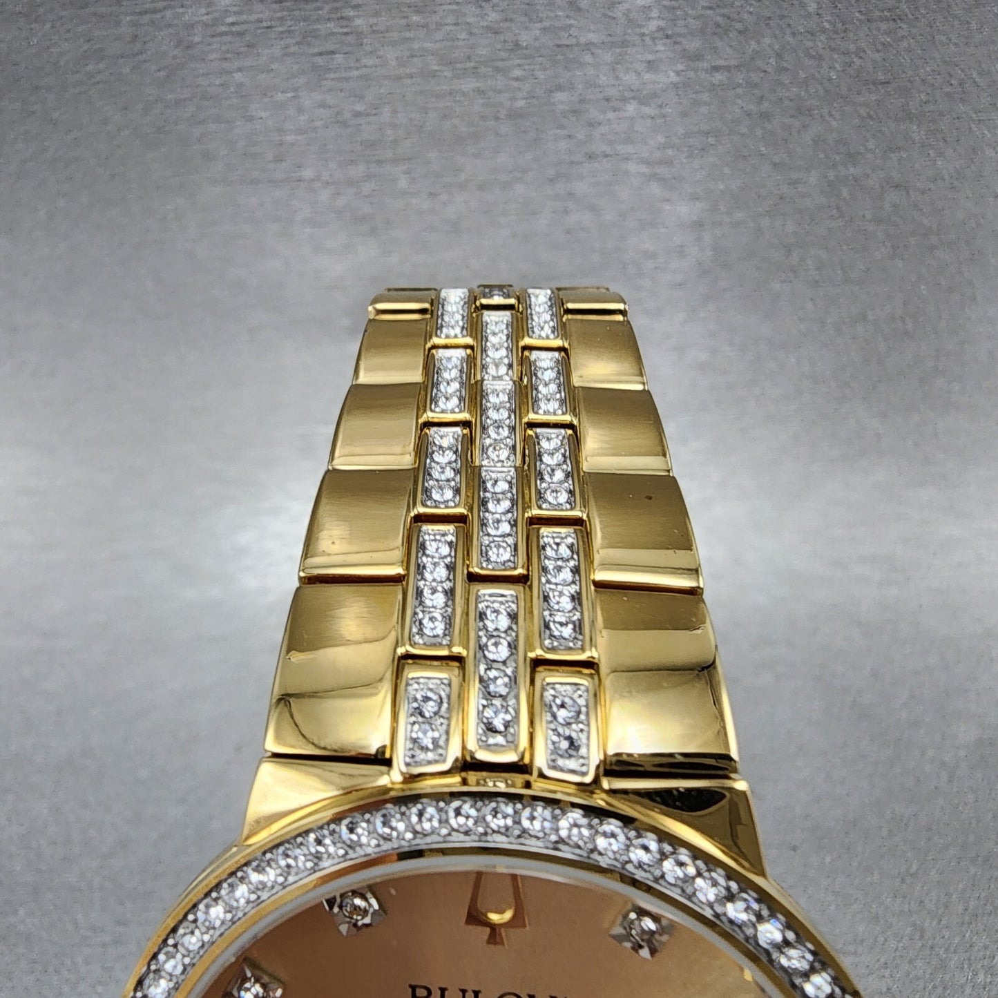 Bulova Watch Men 40mm Gold Dial Gold Tone Round Crystal Bezel 98K113 W/Necklace
