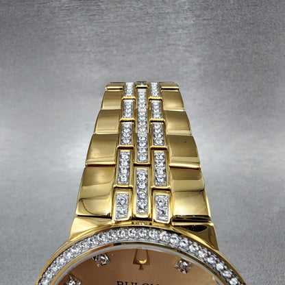 Bulova Watch Men 40mm Gold Dial Gold Tone Round Crystal Bezel 98K113 W/Necklace