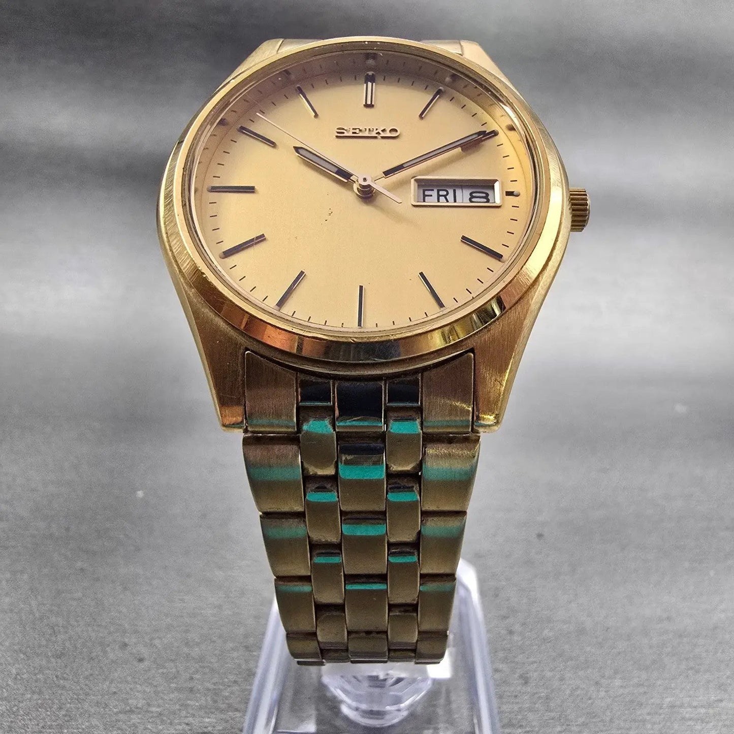 Seiko Watch Men 37mm Gold Dial Gold Tone Daydate Round 7N43-9046 New Battery VTG5