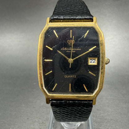 Jules Jurgenson Tank Watch Men 28mm Black Dial Gold Tone Date Rectangle PARTS0