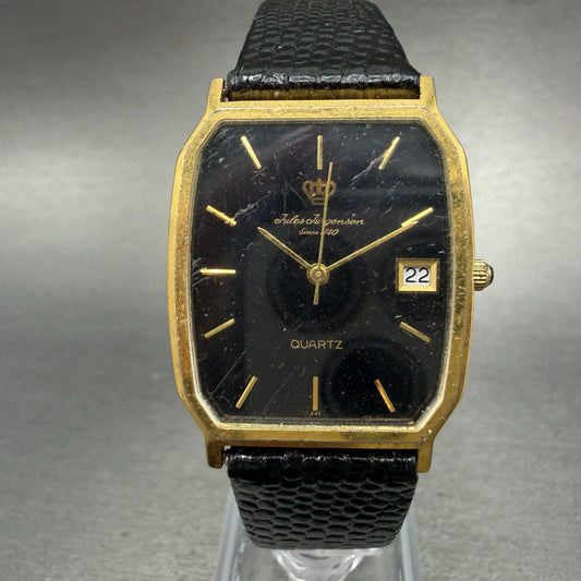 Jules Jurgenson Tank Watch Men 28mm Black Dial Gold Tone Date Rectangle PARTS0