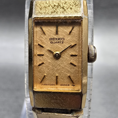 Seiko Watch Women 12mm Gold Dial Gold Tone Rectangle 1320-5049 New Battery 891