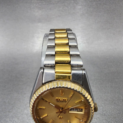 VTG Seiko SQ Watch Women 24mm Gold Dial Two Tone Daydate Round 3E230A60 New Bat4