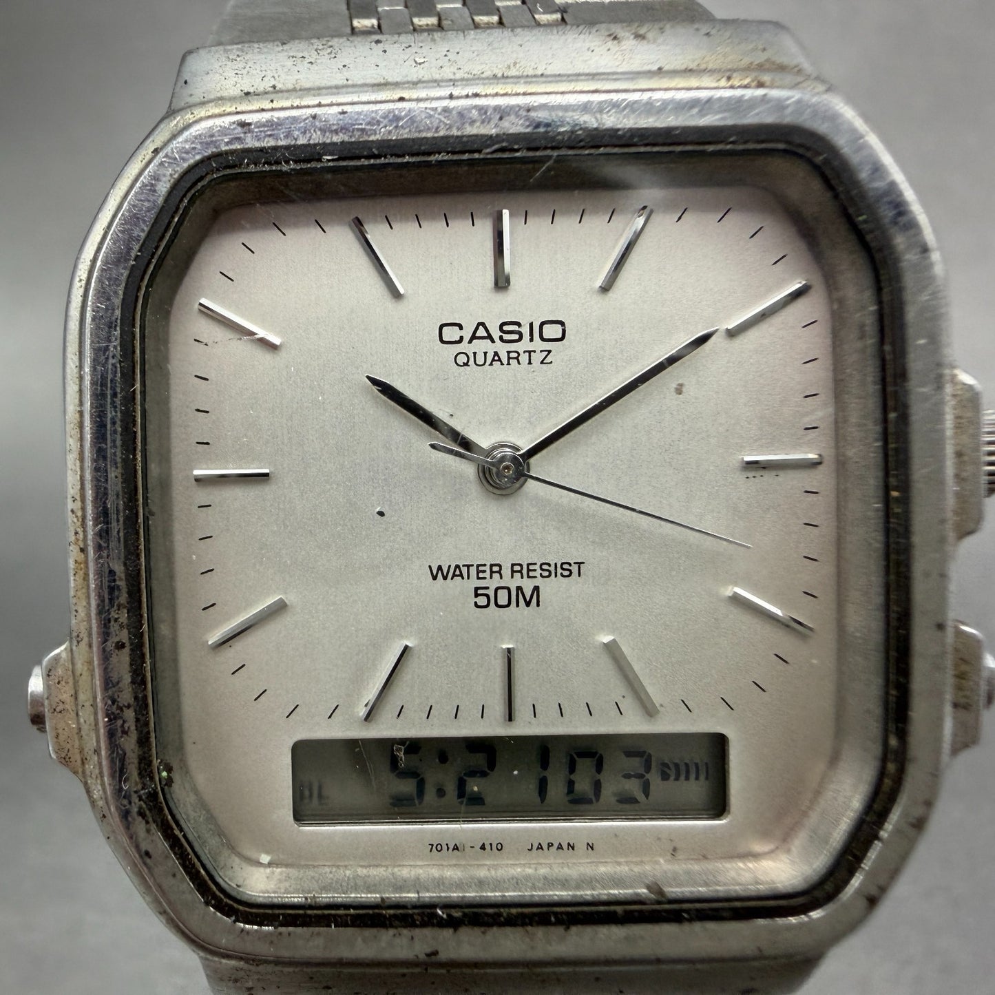 Casio AQW-60 Watch Men 32mm Silver Dial Silver Tone Alarm Chrono READ!! New batt1