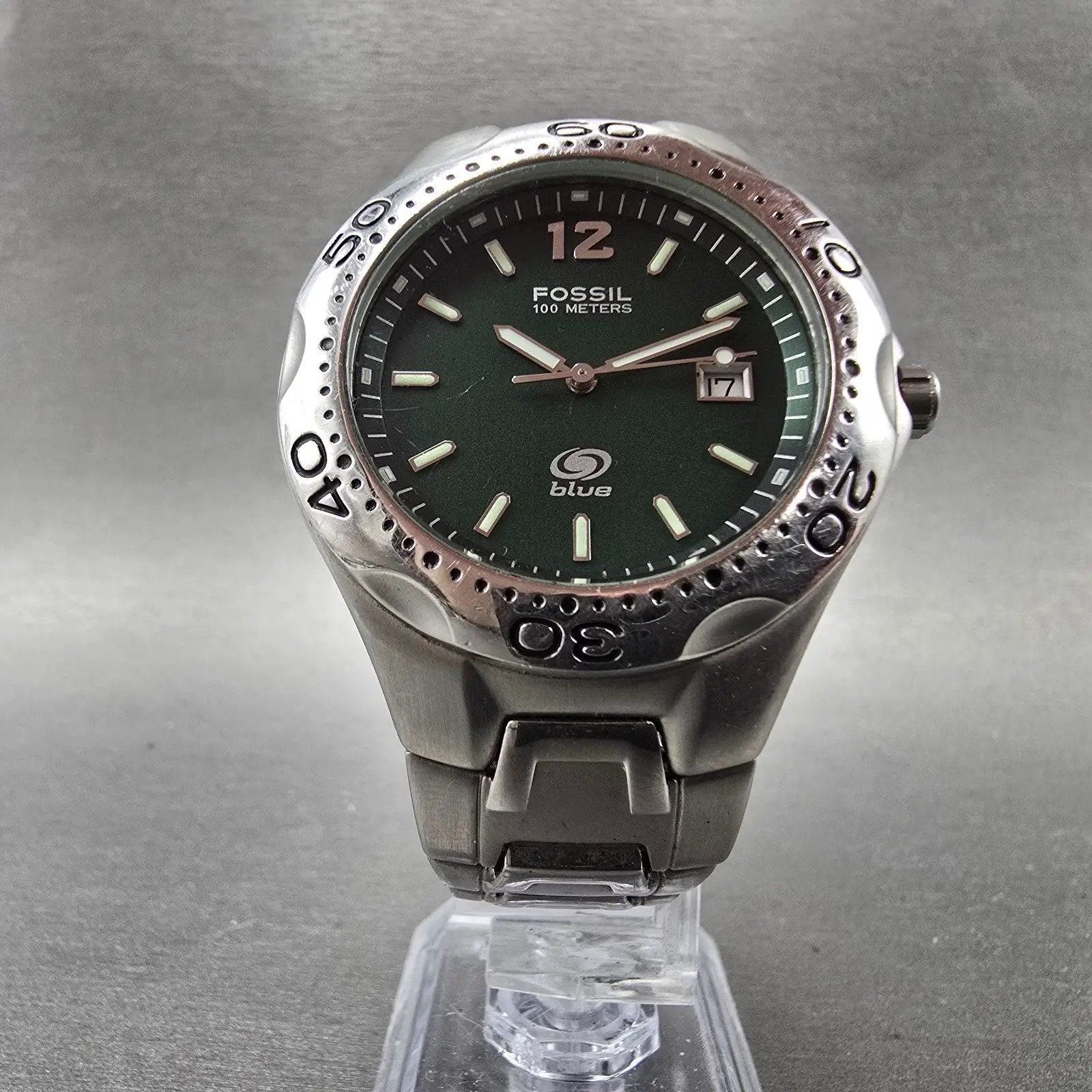 Fossil Blue Dive Watch Men 41mm Green Dial Silver Tone Date AM-3492 New Battery6