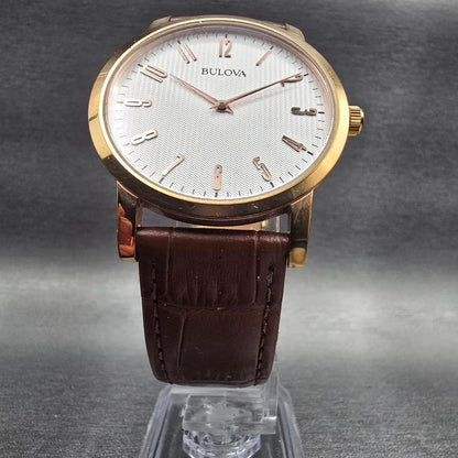 Bulova Mens Watch 38mm White Dial Gold Tone Round 97A106 Leather Band New Batt5