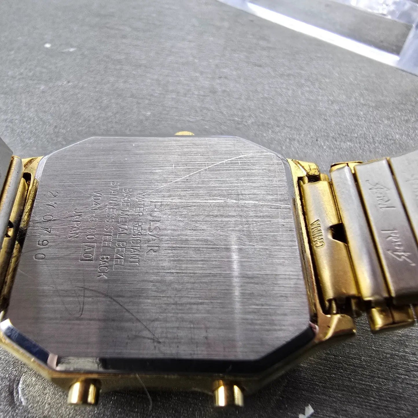 Pulsar Analog Digital Watch Men 29mm Black Dial Gold Octagon V041-5180 New BattL9