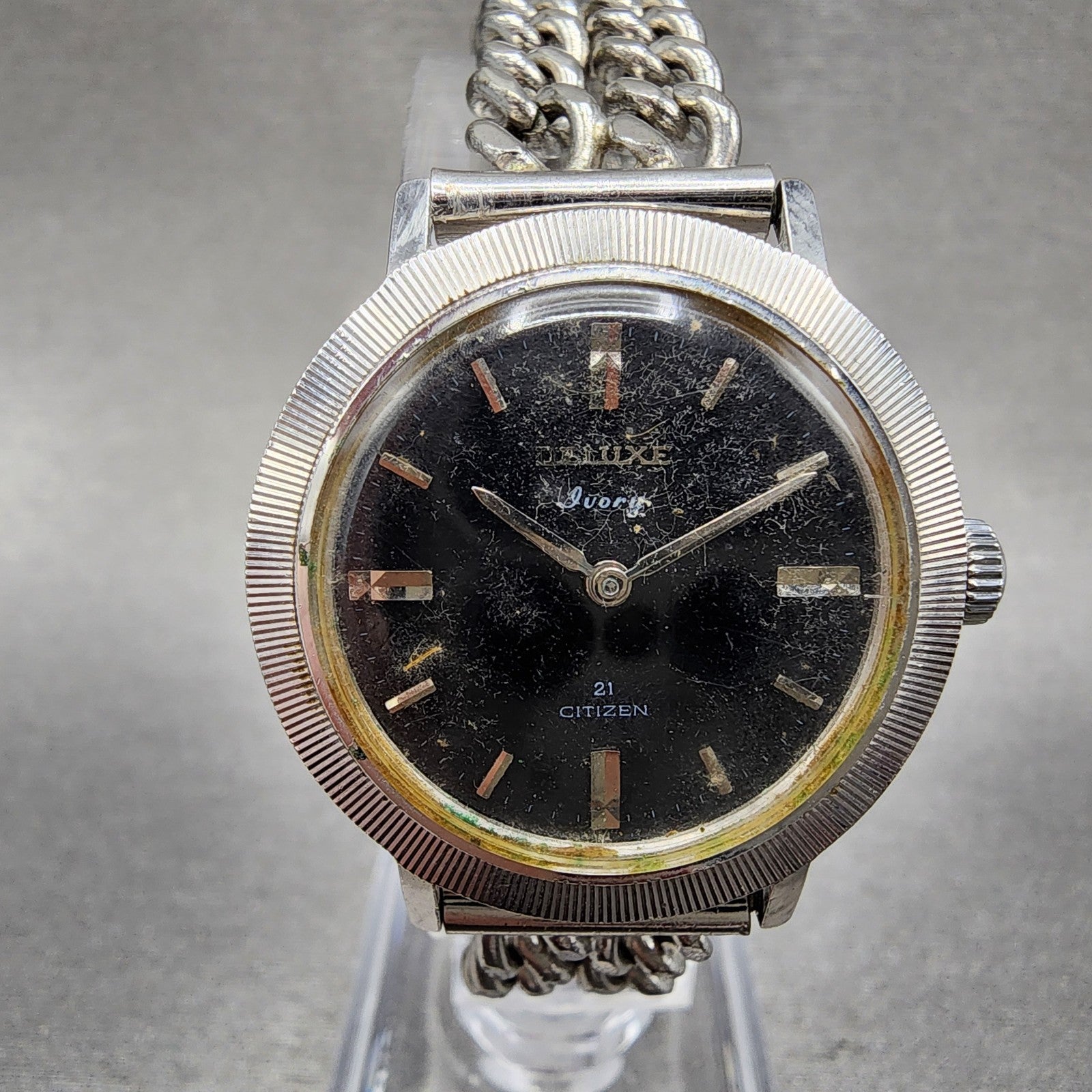 Citizen Deluxe Ivory Watch Women 29mm Black Dial White Gold Plated Manual READ!!0